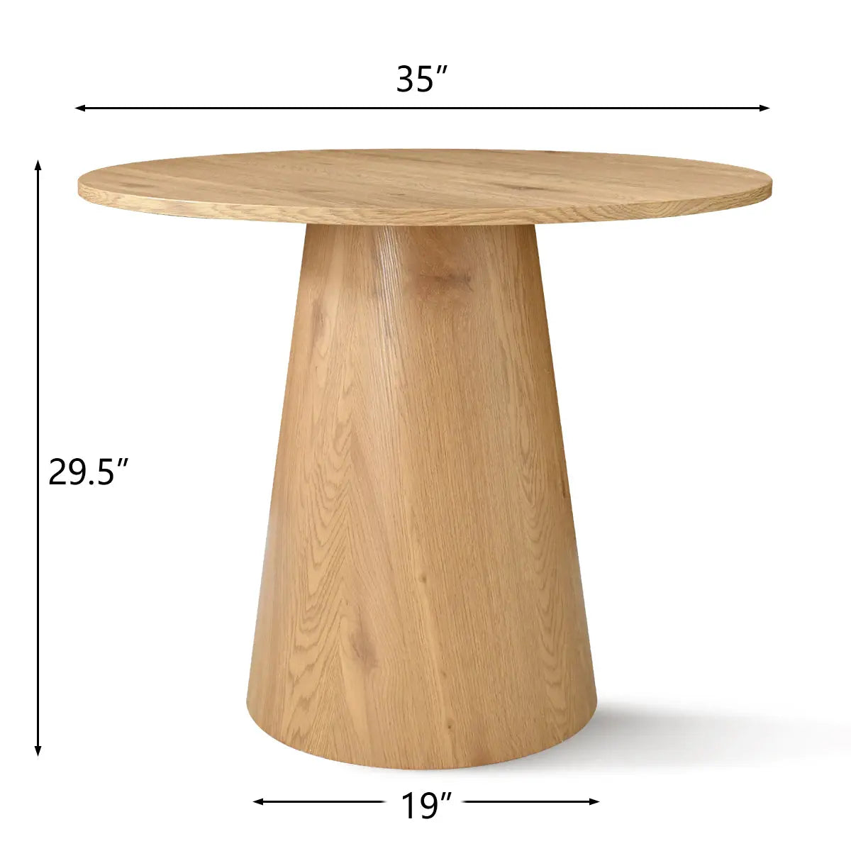 Dwen Modern Round Pedestal Dining Table dimensions: 35" wide, 29.5" high, 19" base diameter.