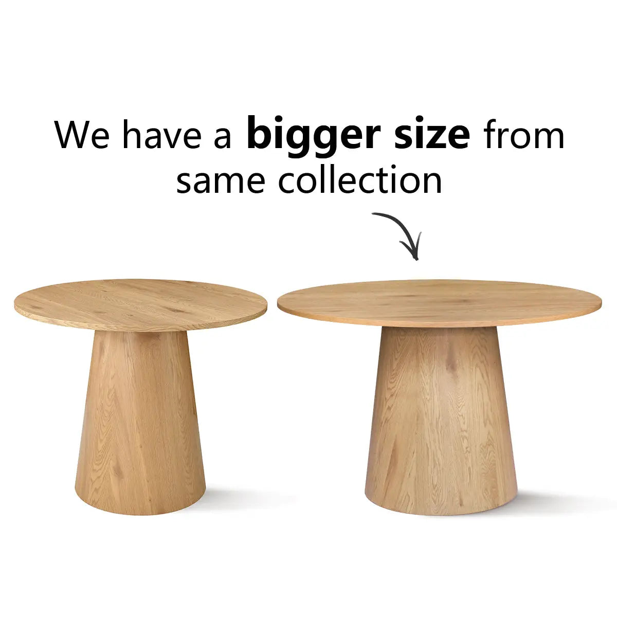 Dwen Modern Round Dining Table duo, natural wood finish, pedestal base, available in larger size.