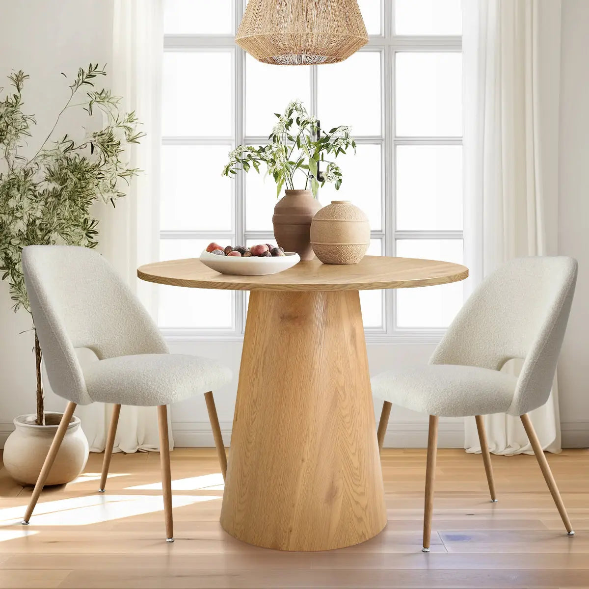 Dwen & Edwin 35" dining table set with beige chairs, wooden floor, window, modern pendant light.