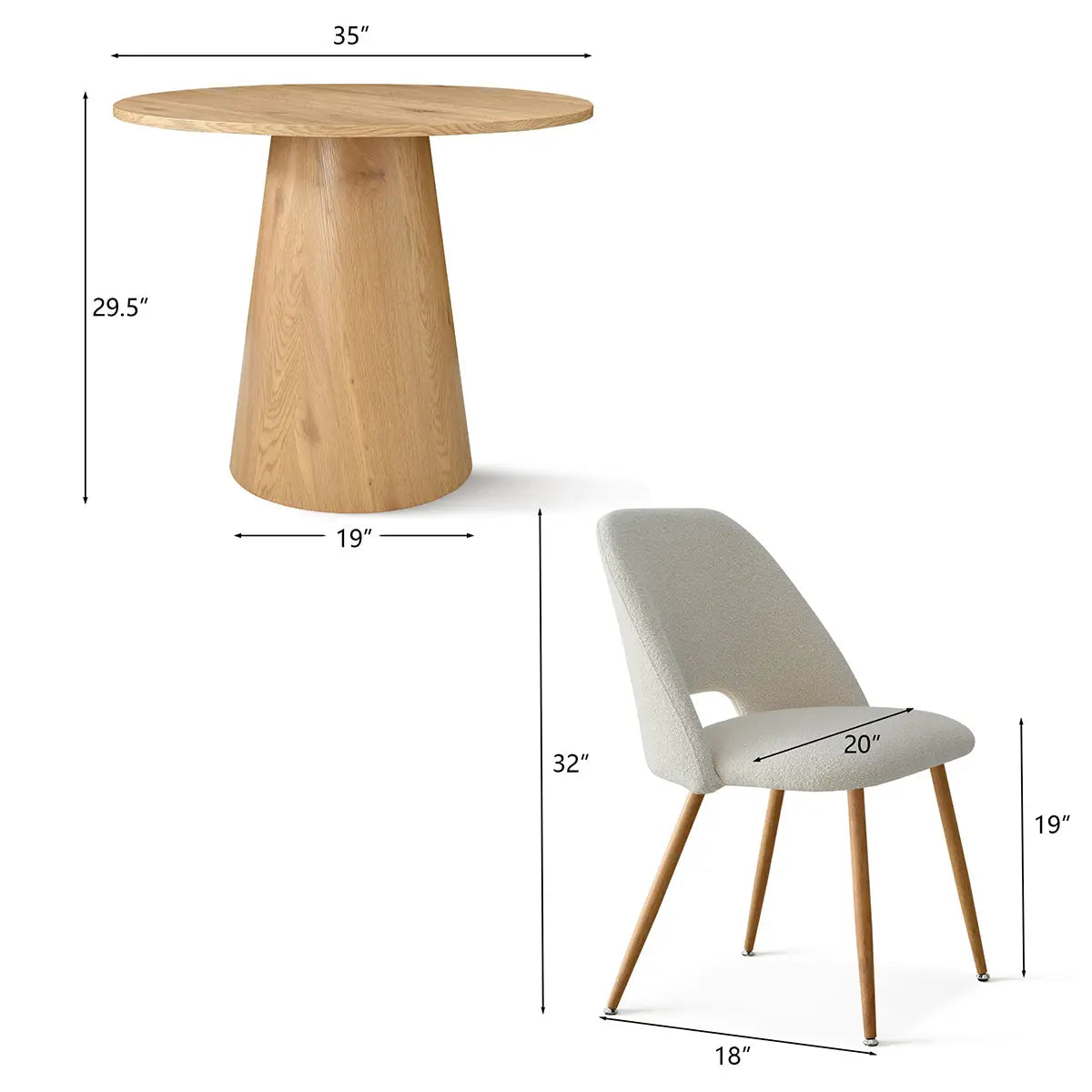 Dwen & Edwin Modern Round Dining Table Set dimensions, featuring wooden table and upholstered chair.