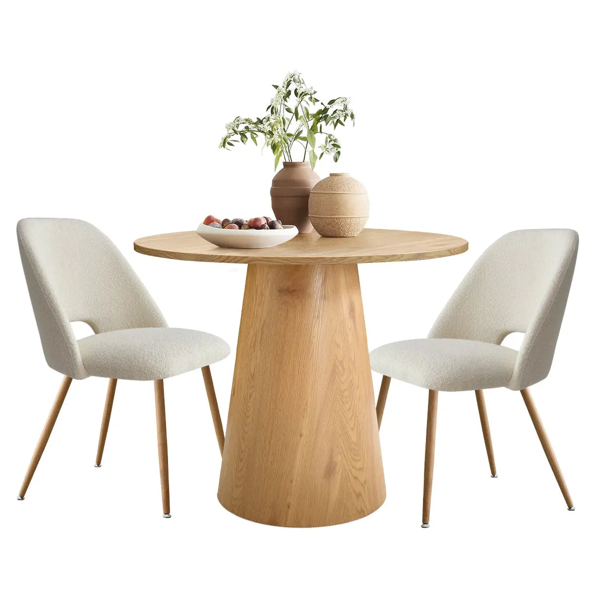 Dwen & Edwin round dining table set with plush chairs, natural wood finish, modern design.