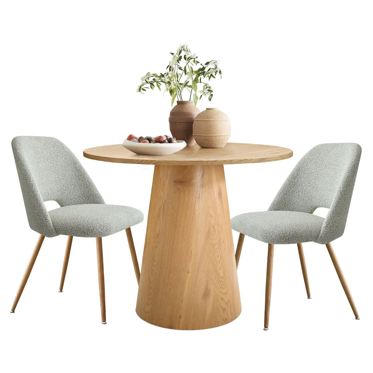 Dwen & Edwin dining set with wood table, two modern chairs, light fabric upholstery.