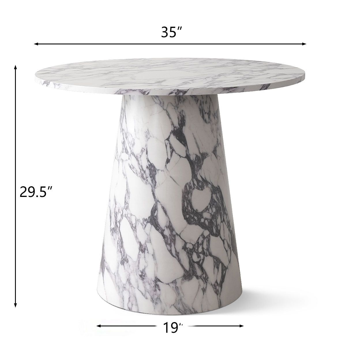 Dwen marble round pedestal dining table with dimensions, modern design, elegant for dining rooms.