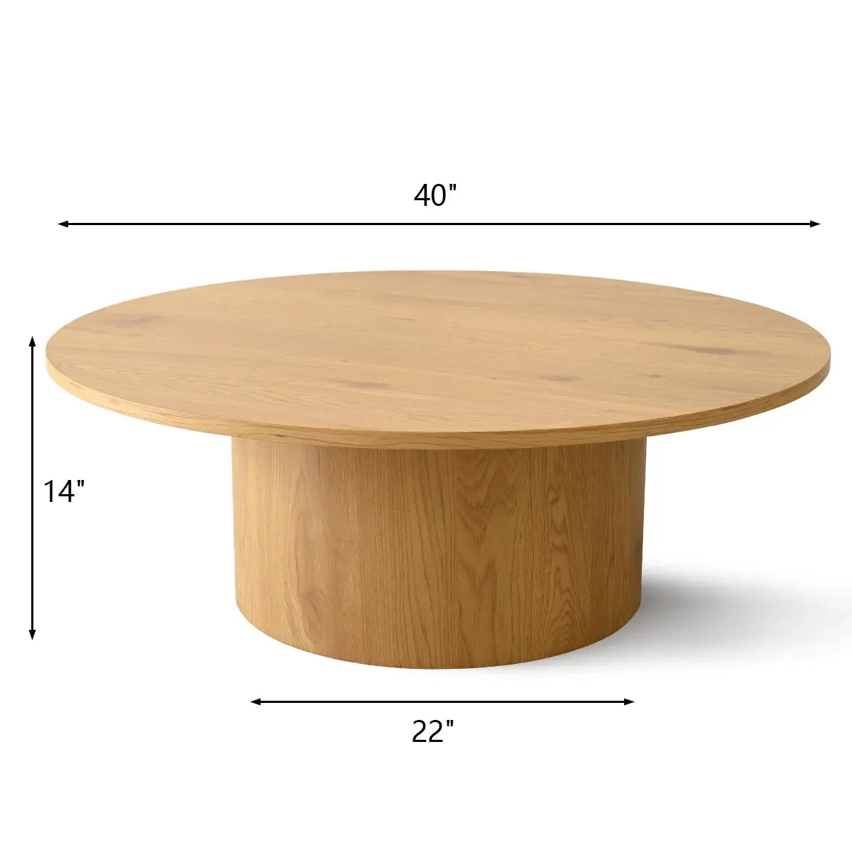 Dwen Modern Round Pedestal Coffee Table dimensions: 40" x 22" x 14", light wood finish.