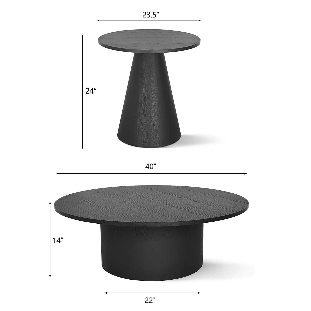 Dwen Black Round Living Room Table Set with dimensions; features modern black round tables, perfect match.