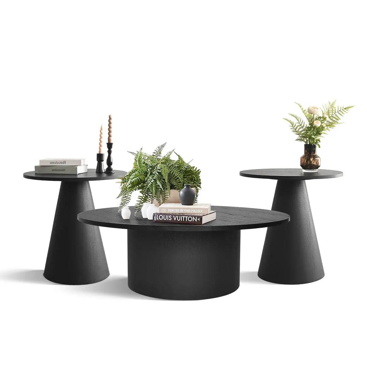 Dwen Black Round Table Set with three pieces, minimalist, sleek black finish, modern living room furniture.