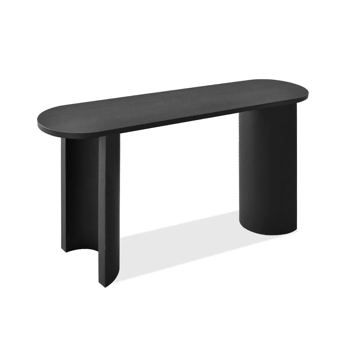 Dwen Modern Oval Console Table, sleek design, dark finish, shown in bright room setting.