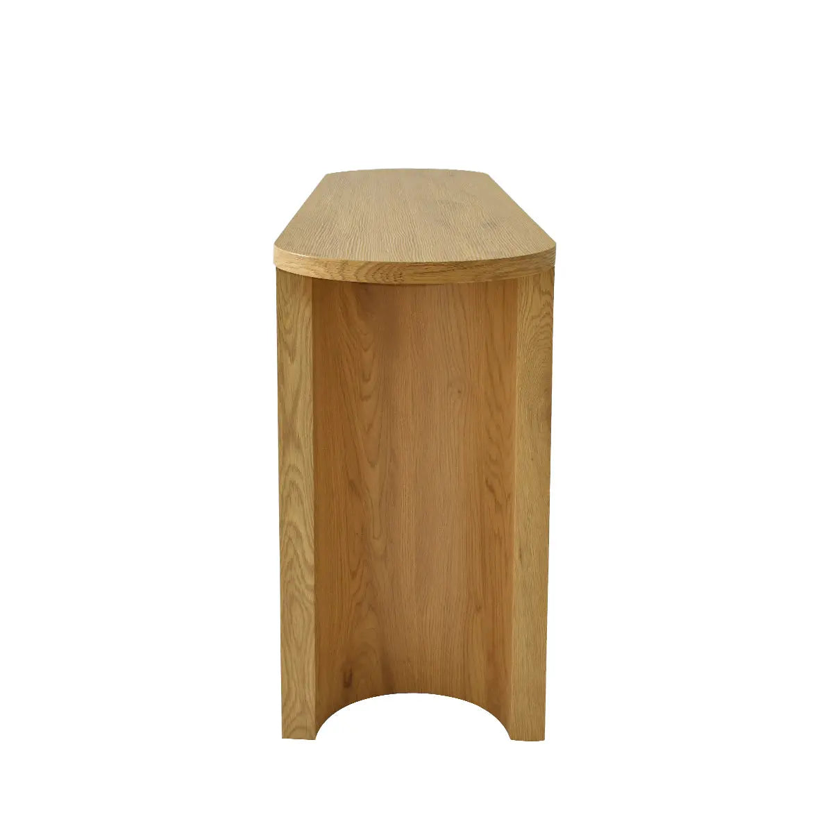 Dwen Modern Oval Console Table with wooden finish, minimalist design, no additional furniture visible.