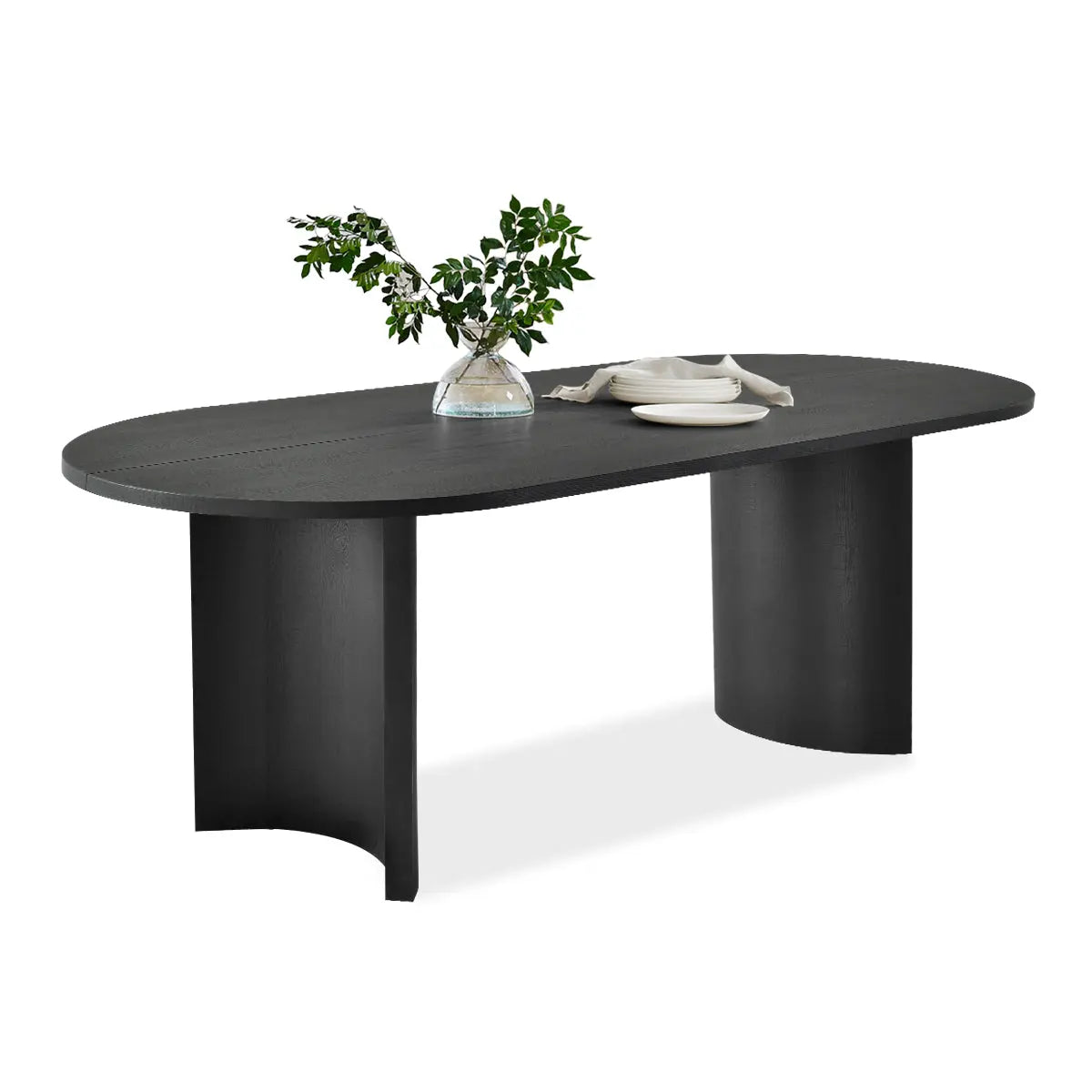 Dwen Modern Large Oval Dining Table with dark wood finish, elegant design, and sculptural base.