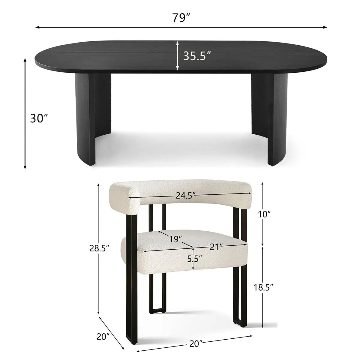 Dwen & Mia dining set dimensions: black oval table and beige chair details included.