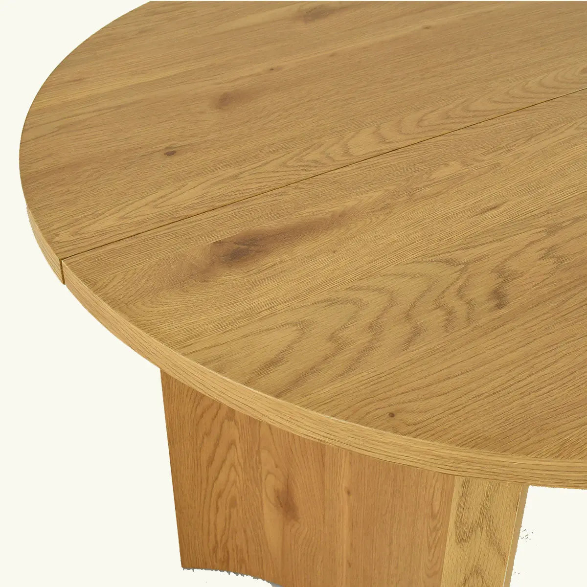 Dwen Modern Large Oval Dining Table in oak finish, showcasing wood grain texture and craftsmanship.