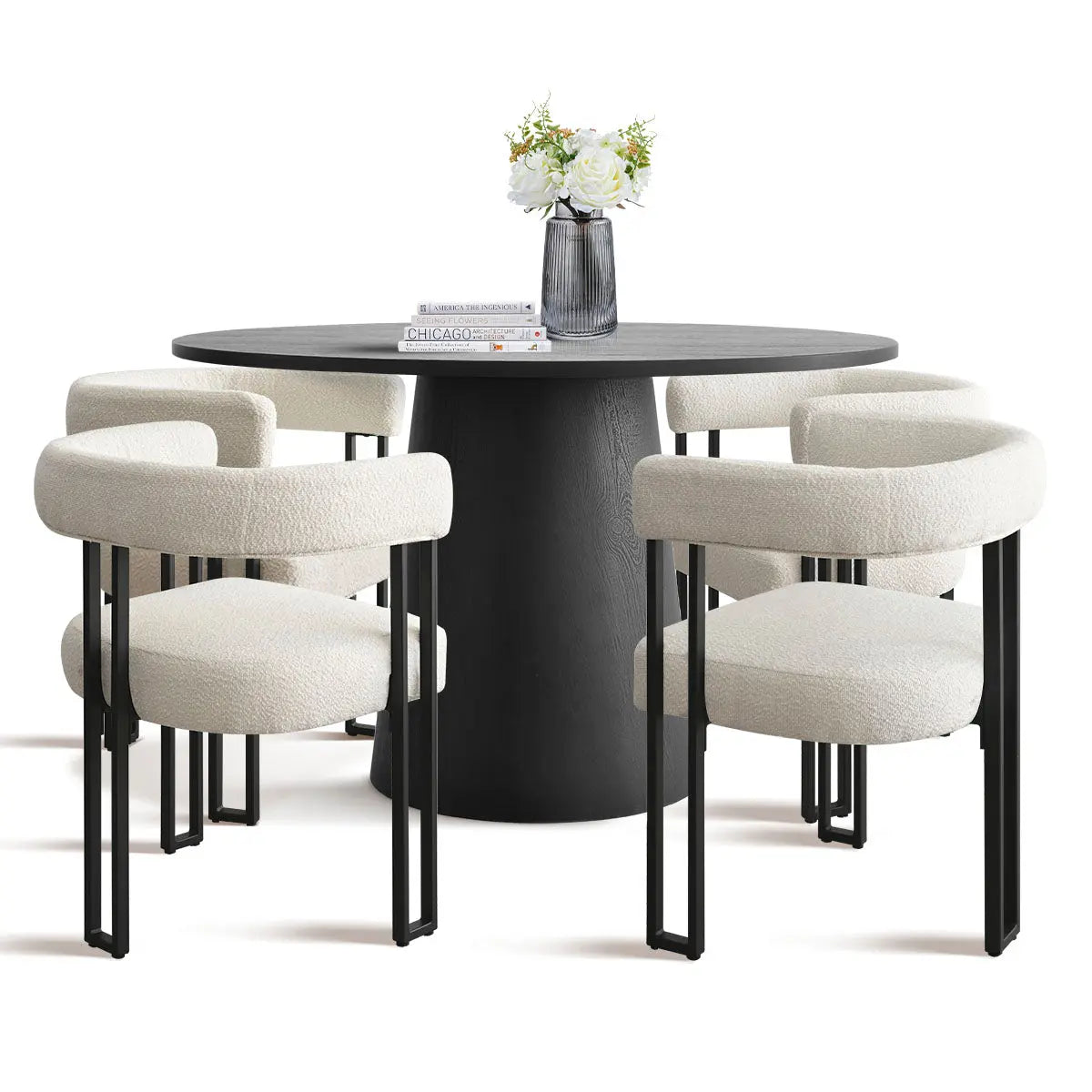 Dwen & Mia Round Dining Set: Black table, beige chairs, round design, elegant dining room furniture.