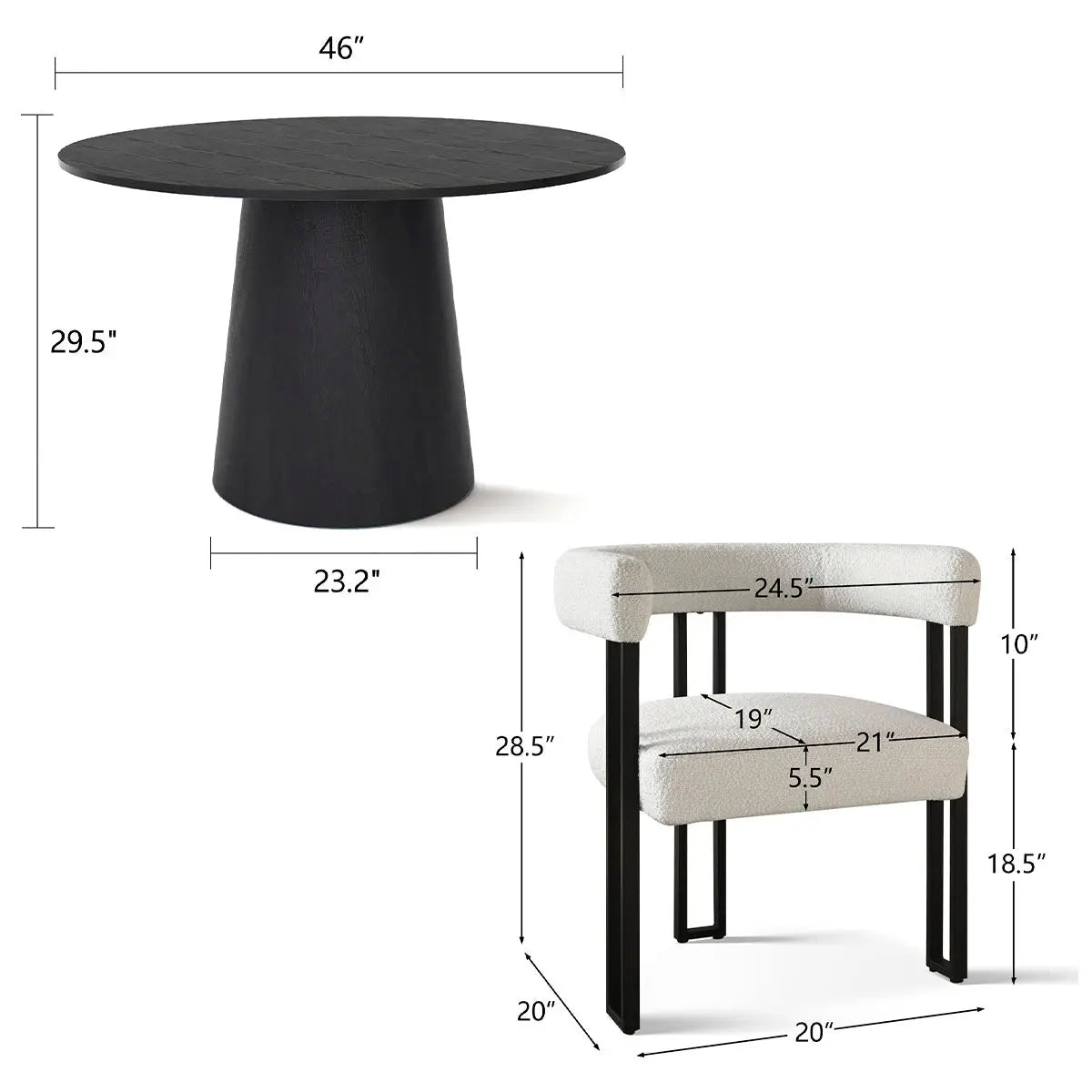 Dwen & Mia Black & Beige Round Dining Table Set dimensions; includes chair measurements.