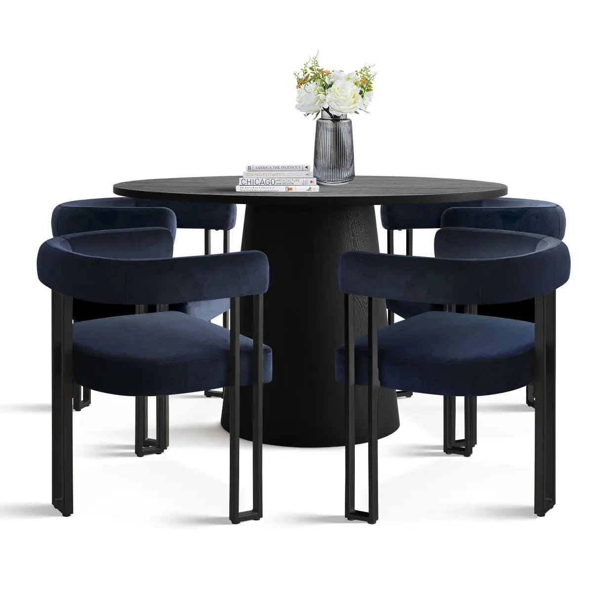 Dwen & Mia Round Black Dining Table Set with Velvet Chairs; stylish modern furniture ensemble.