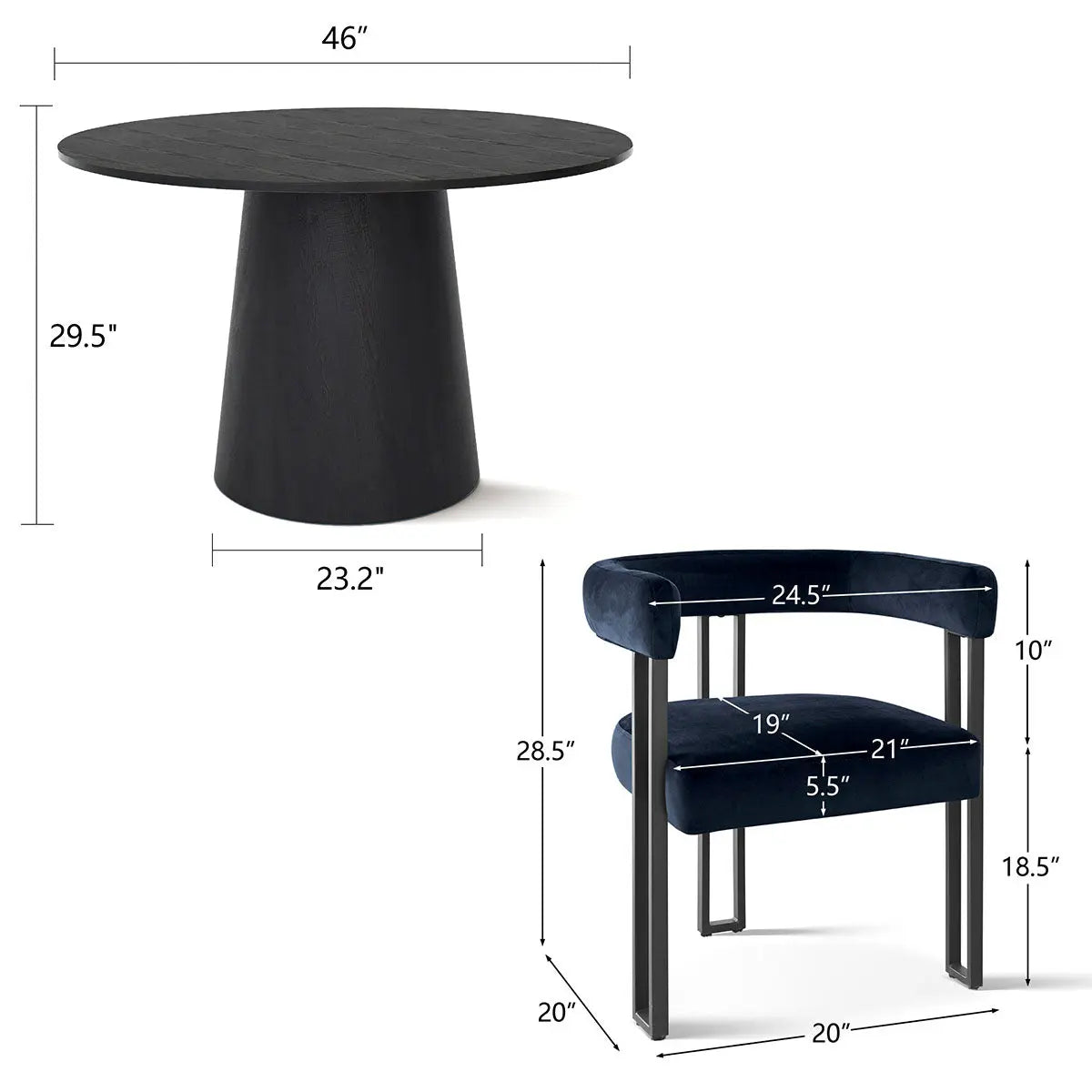 Dimensions of Dwen & Mia Round Black Velvet Dining Table Set with chair.