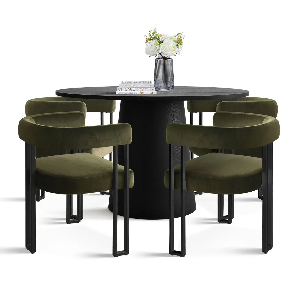 Dwen & Mia Round Black Velvet Dining Table Set with green chairs, minimalist style.