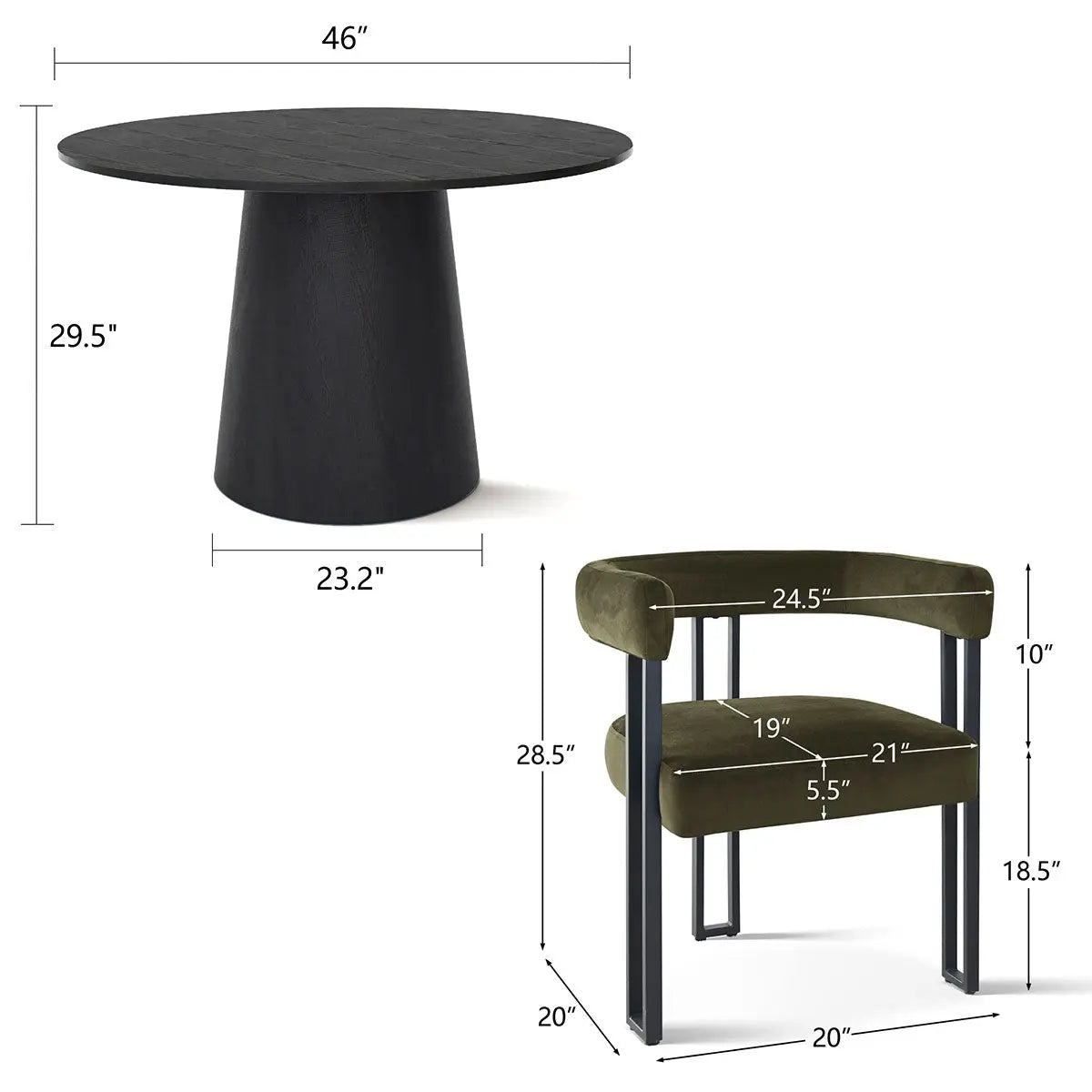 Dwen & Mia black table set with velvet chairs, dimensions of dining table and chair included.