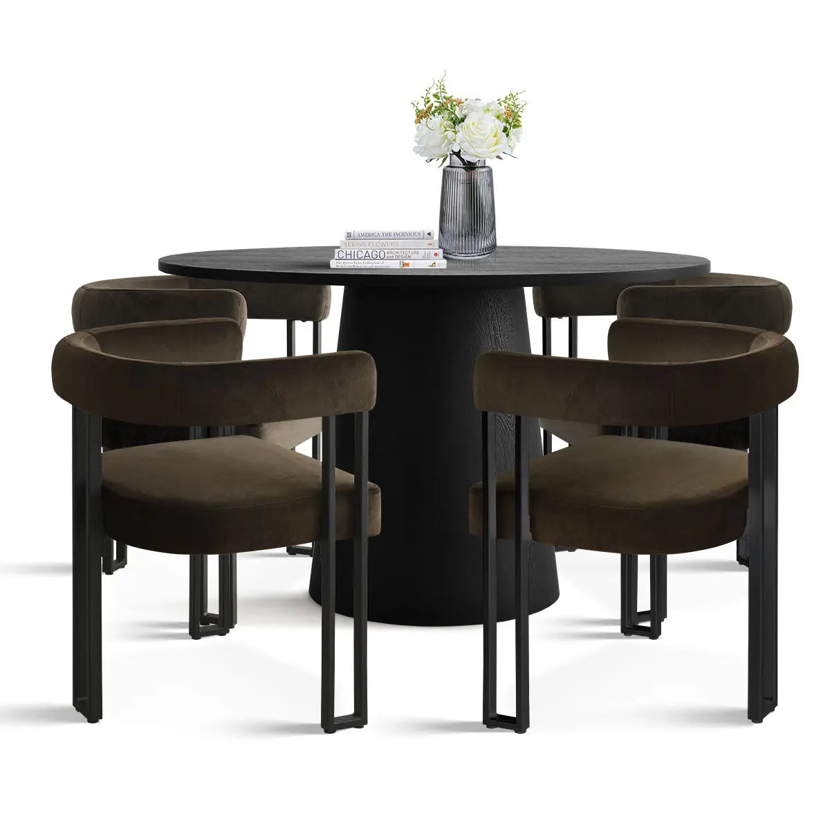 Dwen & Mia Round Black Velvet Dining Set with stylish chairs, featuring elegant design and details.