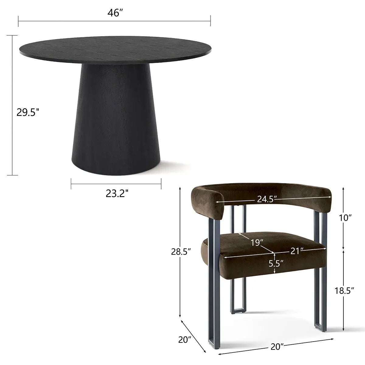 Dwen & Mia Dining Table Set dimensions; round black table, velvet chair measurements included.