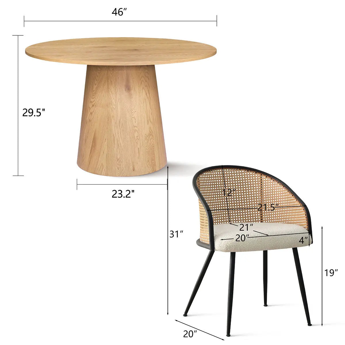 Dwen & Jules Round Rattan Dining Table Set with dimensions, modern chair design and wood finish.