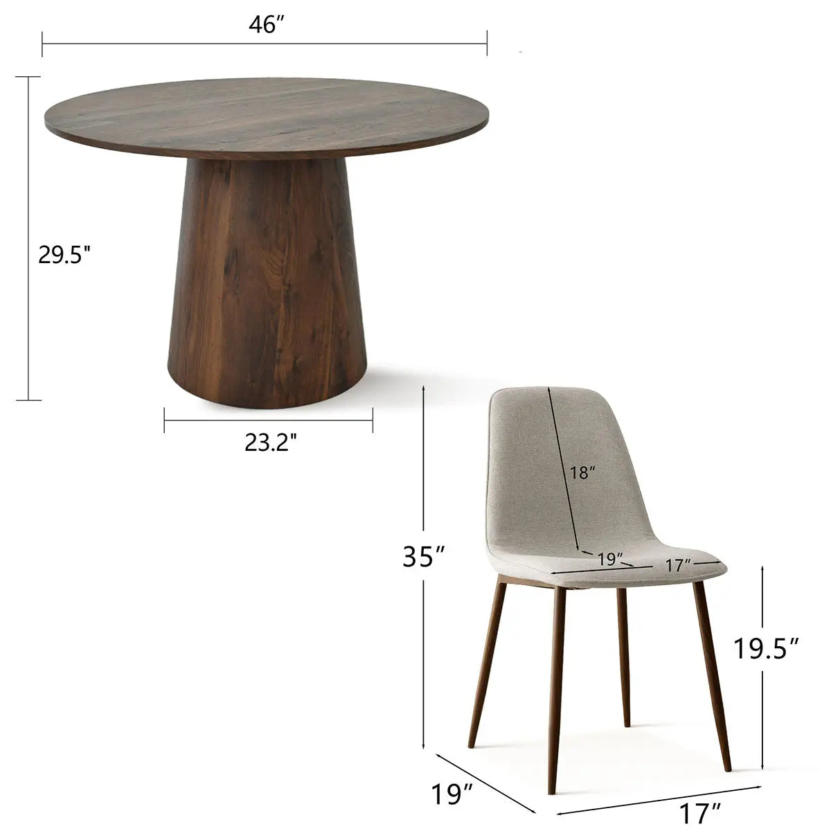 Dwen & Oslo round dining table set with chair dimensions, modern style and wooden finish.