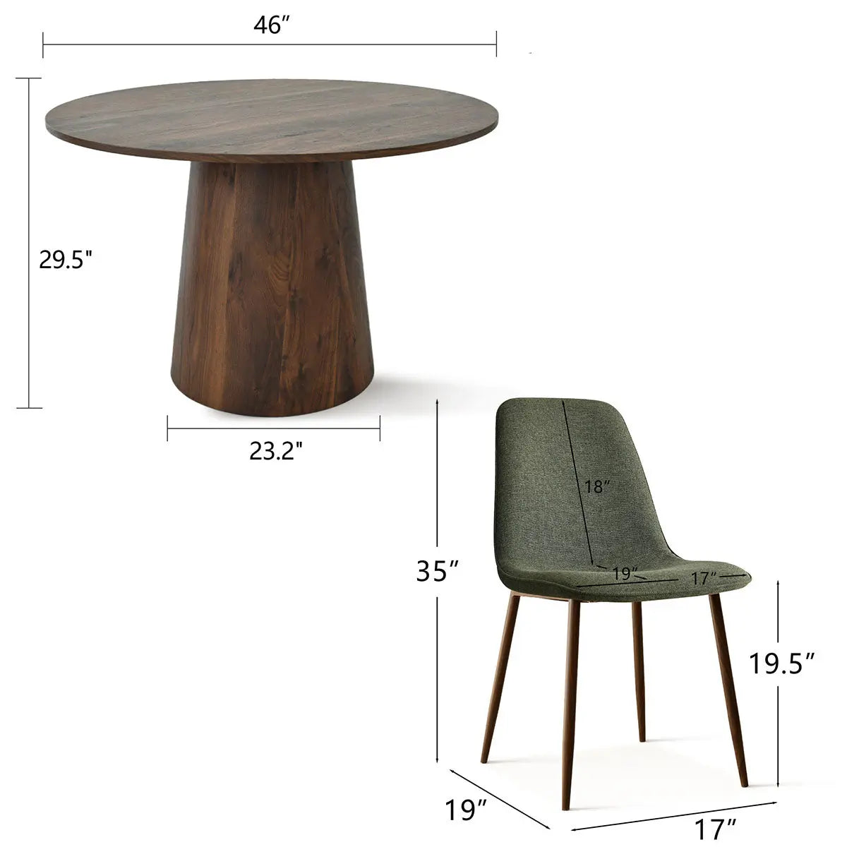 Dwen & Oslo dining set with round wood table and green upholstered chair, product dimensions included.