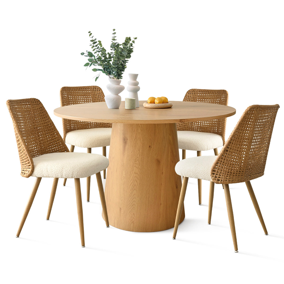 Dwen & Nice 46" Round Rattan & Beige Dining Table Set for 4 (5-Piece)