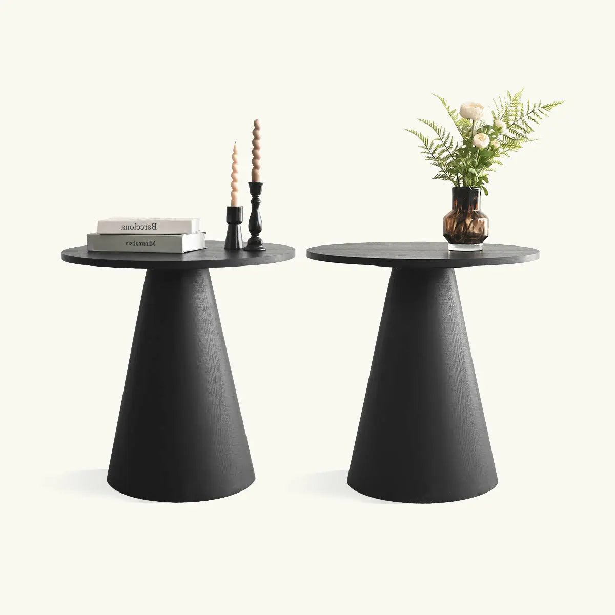 Dwen modern black round side tables with minimalist design, conical bases, neutral background.