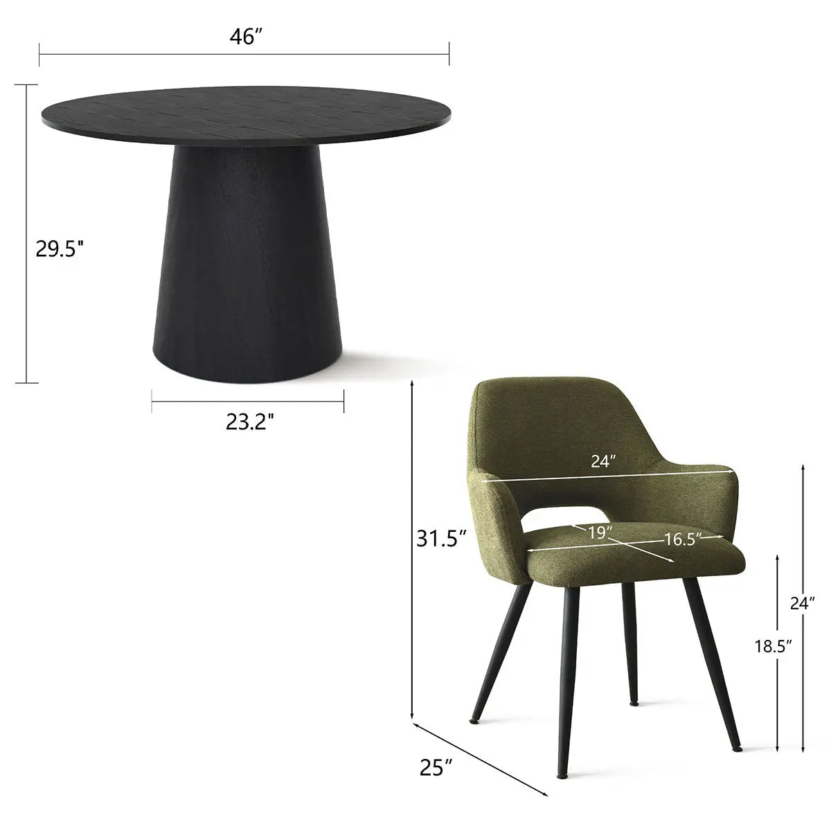 Dwen & Edwin black round dining table set dimensions with green chair and black tapered legs.