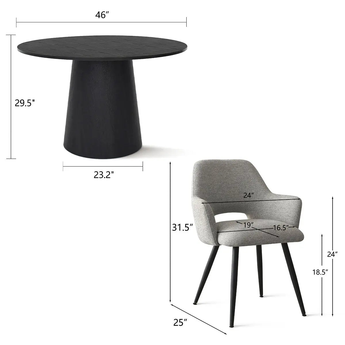 Dwen & Edwin Black Round Dining Table Set dimensions with gray chair and modern design elements.