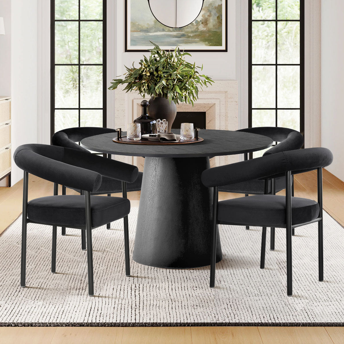 Dwen & New York 46" Round Black & Velvet Dining Table Set for 4 (5-Piece)