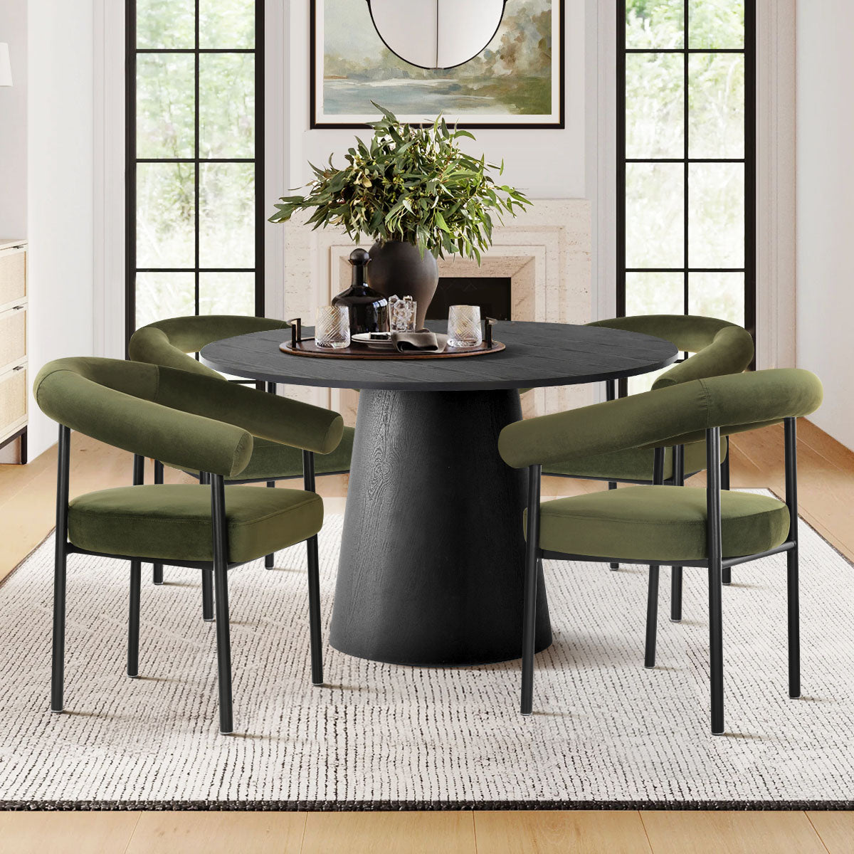 Dwen & New York 46" Round Black & Velvet Dining Table Set for 4 (5-Piece)