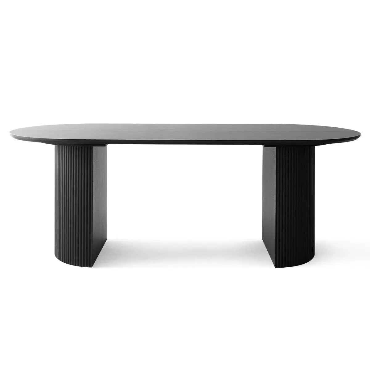 Dwen Modern Large Roman Pillar Oval Dining Table in black, minimalist design, dimension details unavailable.