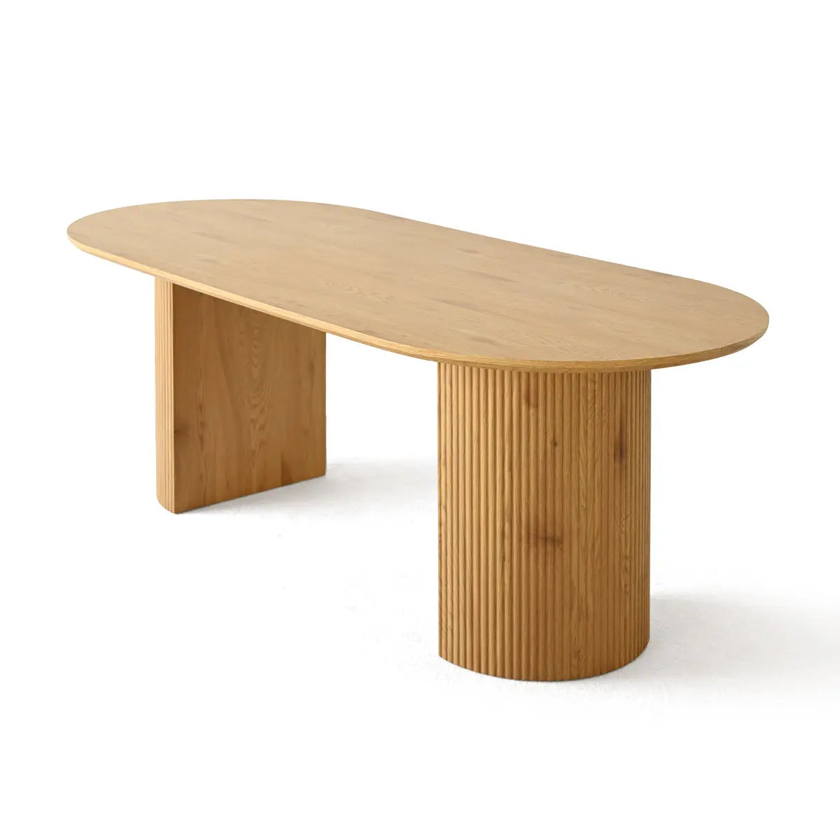 Dwen Modern Roman Pillar Oval Dining Table with wooden texture, perfect for contemporary dining spaces.