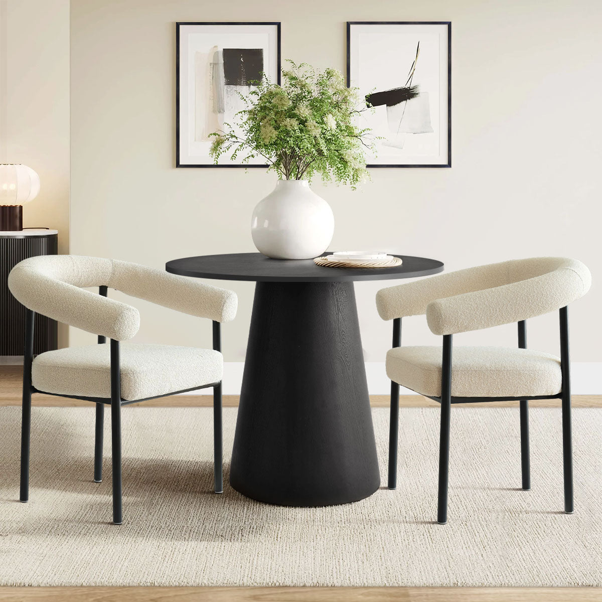 Dwen & New York 35" Round & Boucle Dining Table Set for 2 (3-Piece)