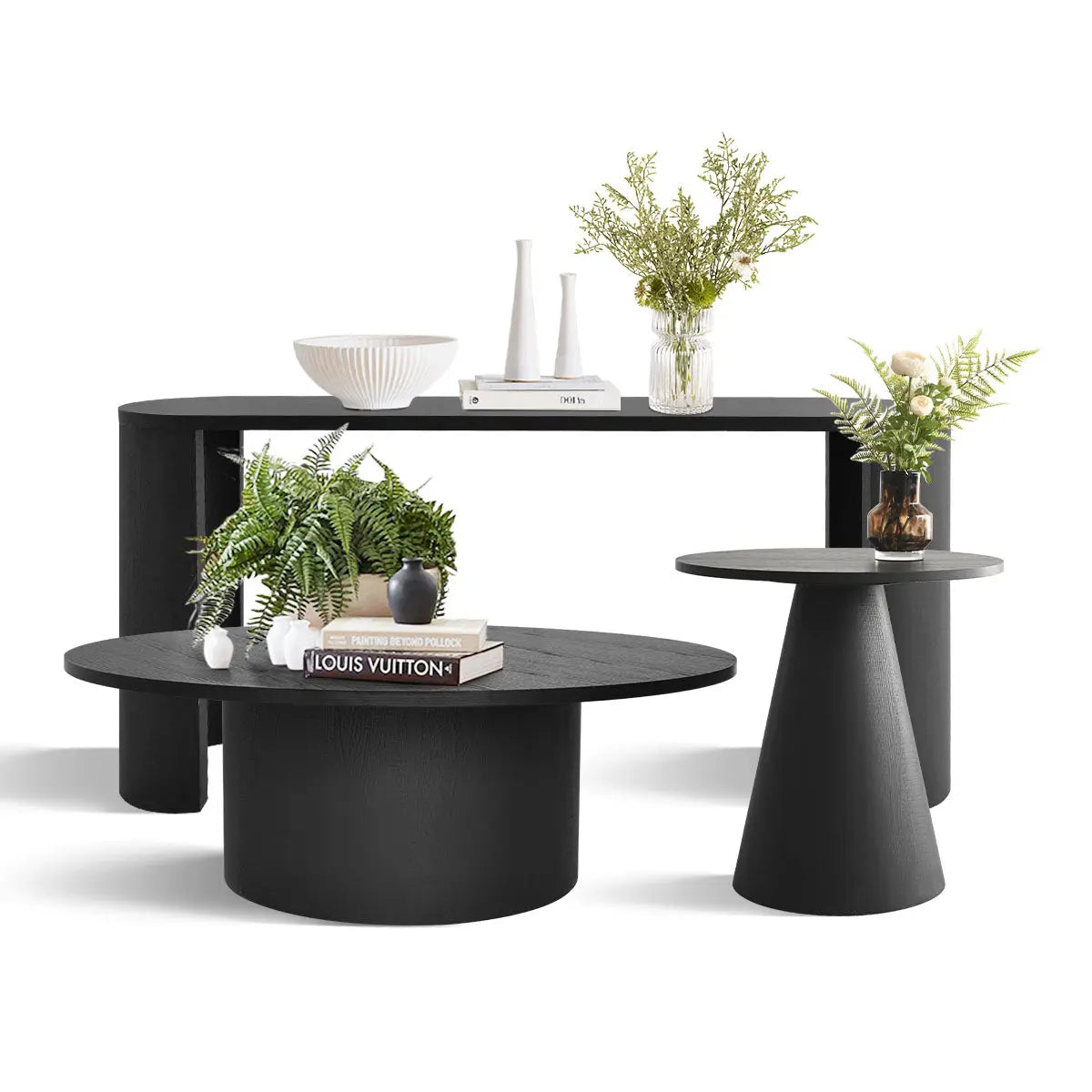 Dwen Black Living Room Table Set with modern design and complementary decor in a room setting.