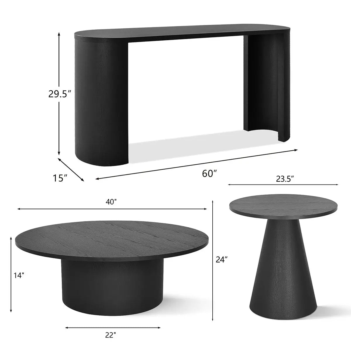 Dwen Black Living Room Table Set dimensions. Includes console, coffee, and side table.