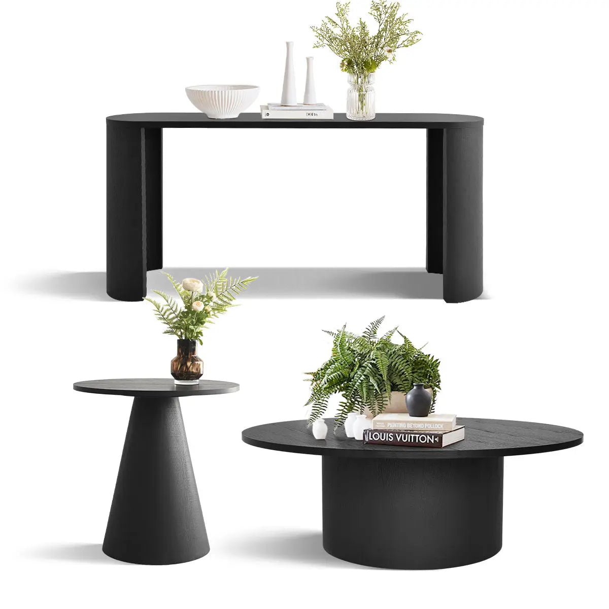 Dwen Black living room tables, modern style, includes console, side, and coffee tables.