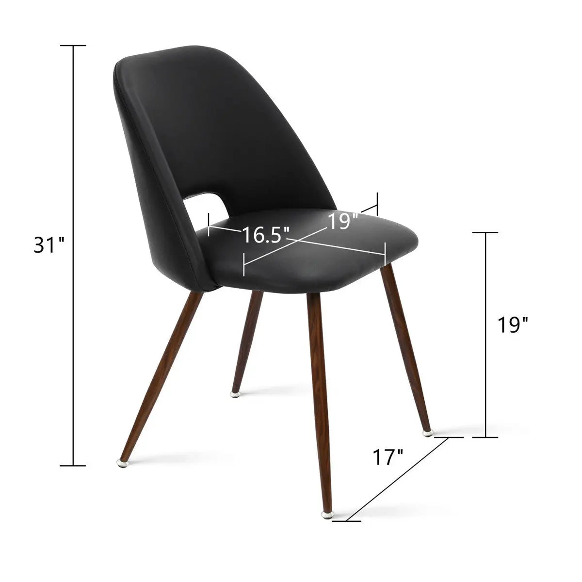 Edwin Modern Leather Dining Chair dimensions with sleek black upholstery and wooden legs.