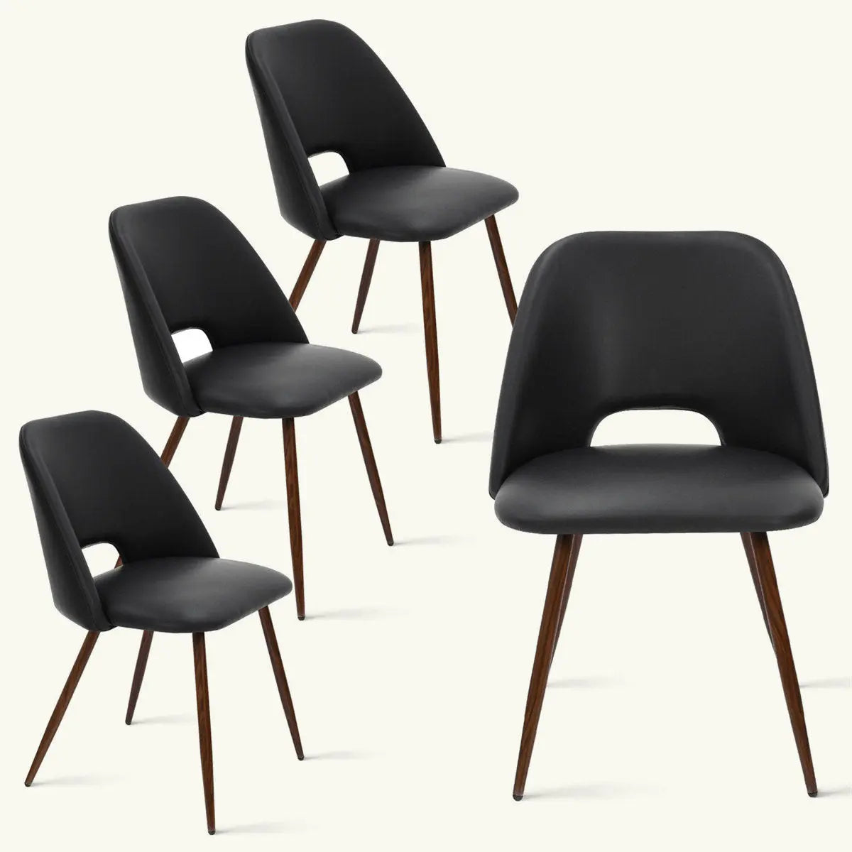 Edwin Modern Leather Dining Chair set with dark upholstery and wooden legs, dimension details available.