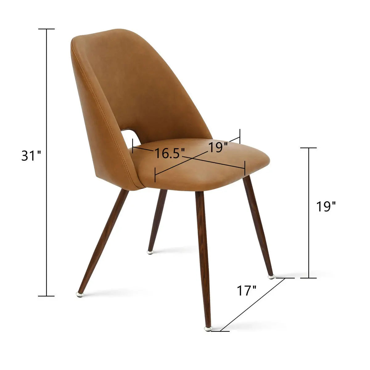 Edwin Modern Leather Dining Chair dimensions: 31"x16.5"x19", walnut legs, tan leather upholstery.