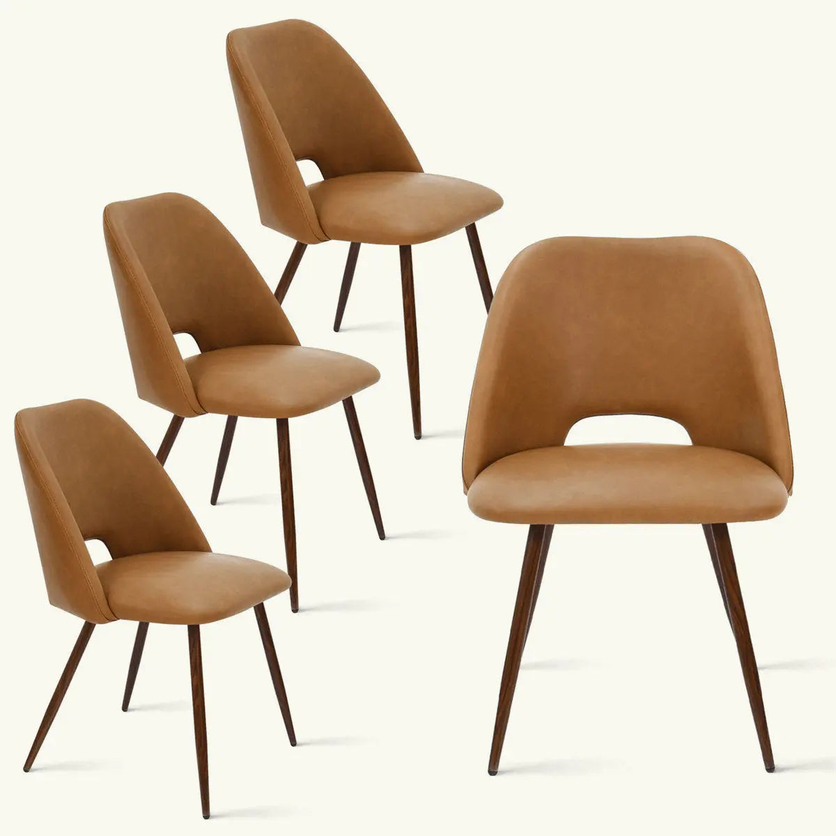 Set of Edwin Modern Leather Dining Chairs with wooden legs, beige leather, mid-century design.