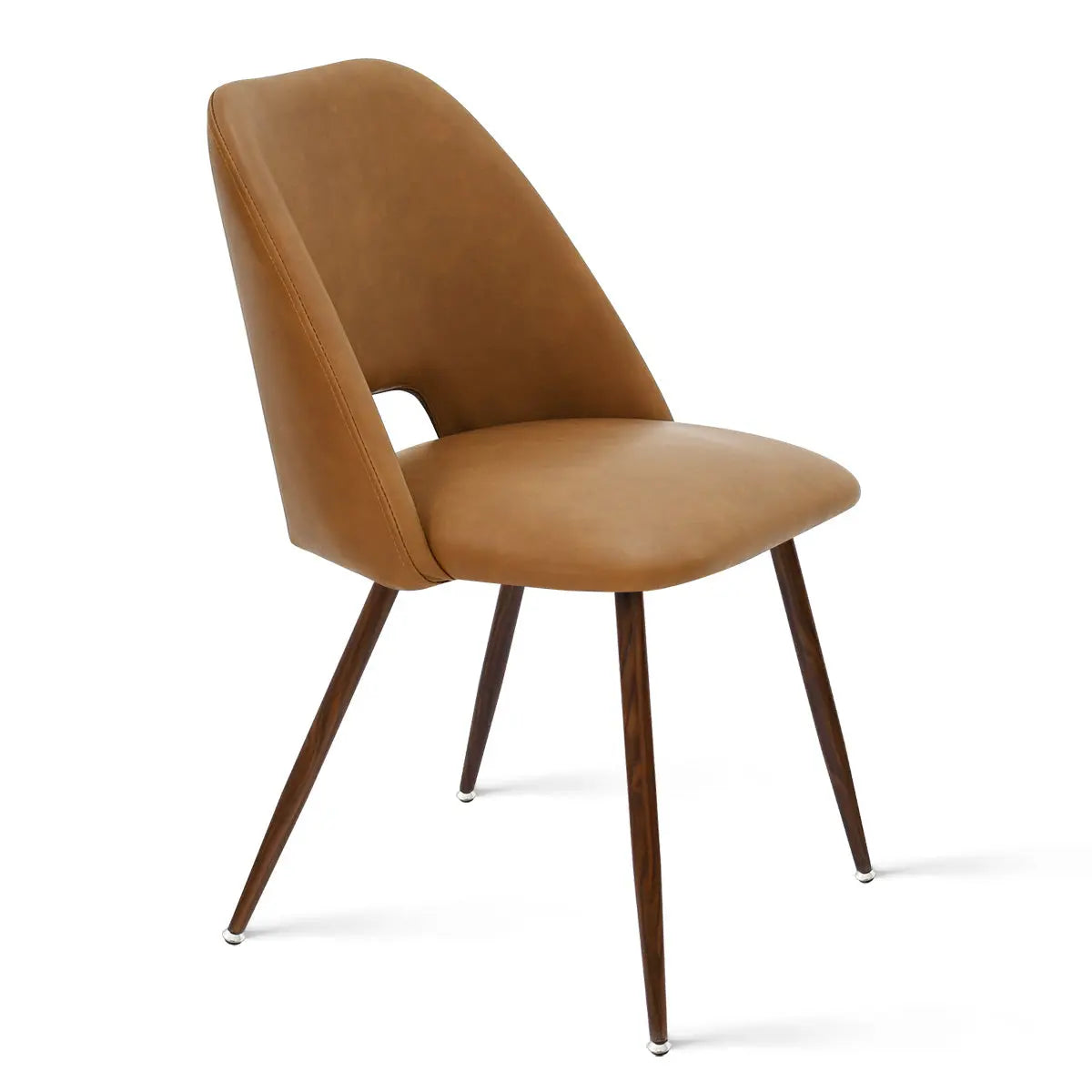 Edwin Modern Leather Dining Chair, tan upholstery, sleek wooden legs, ideal for modern dining room.