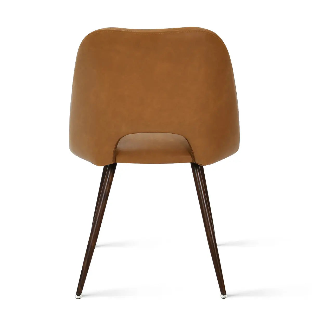 Back view of Edwin Modern Leather Dining Chair with sleek wooden legs, minimalist design.