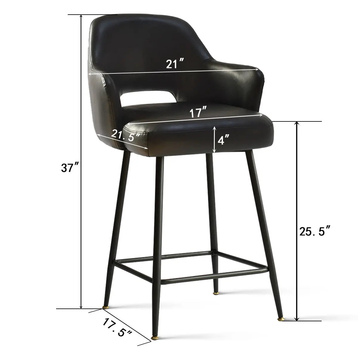 Dimension details of Edward Leather Counter Stool with Arms, black color, sleek design, modern style.