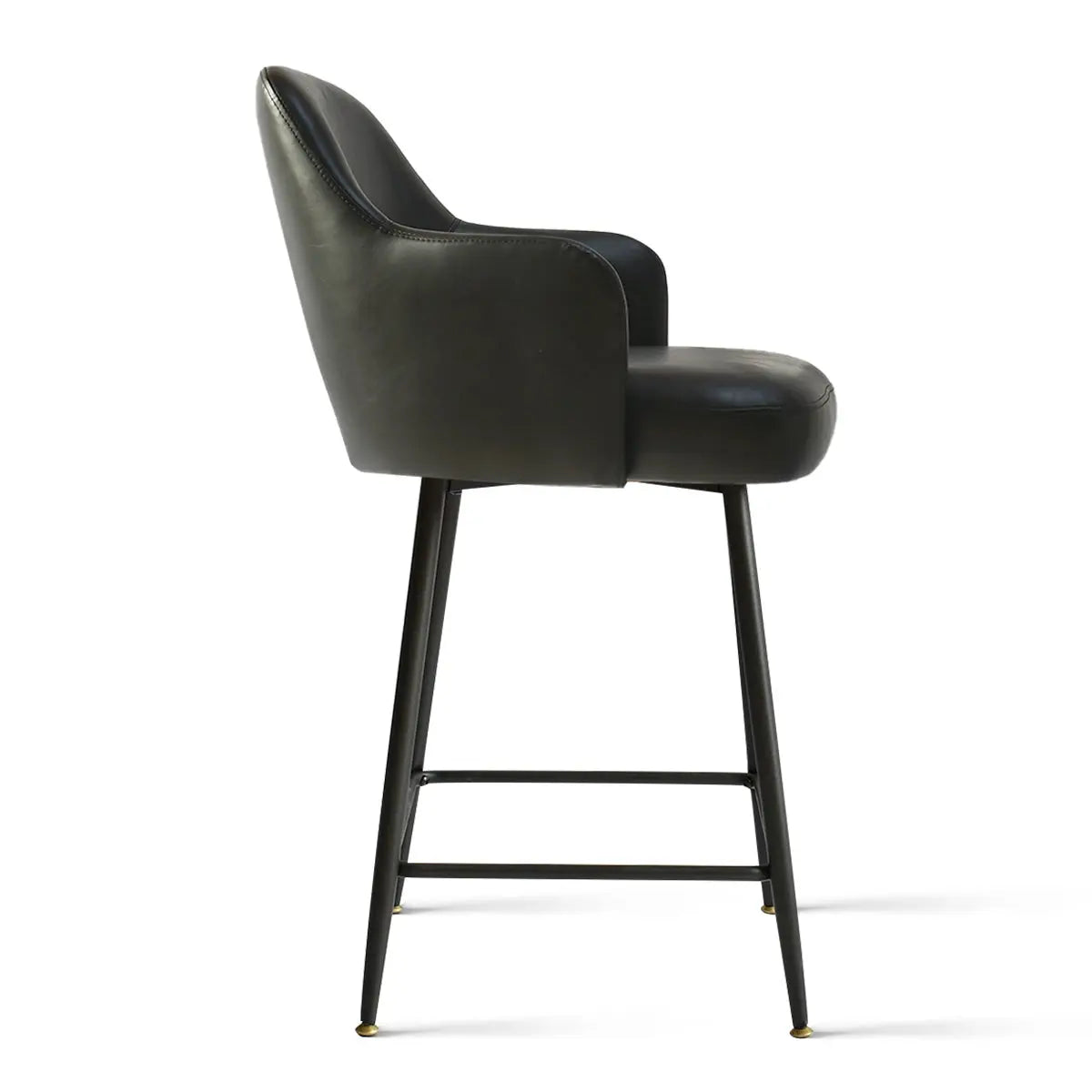 Edward Leather Counter Stool with Arms, black finish, side profile, metal legs, modern design.