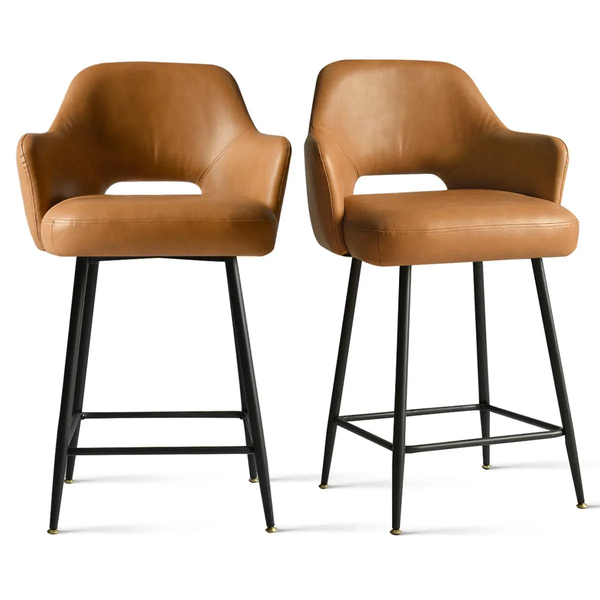 Stylish Edward leather counter stools with arms, black legs, ideal for modern kitchen or bar.