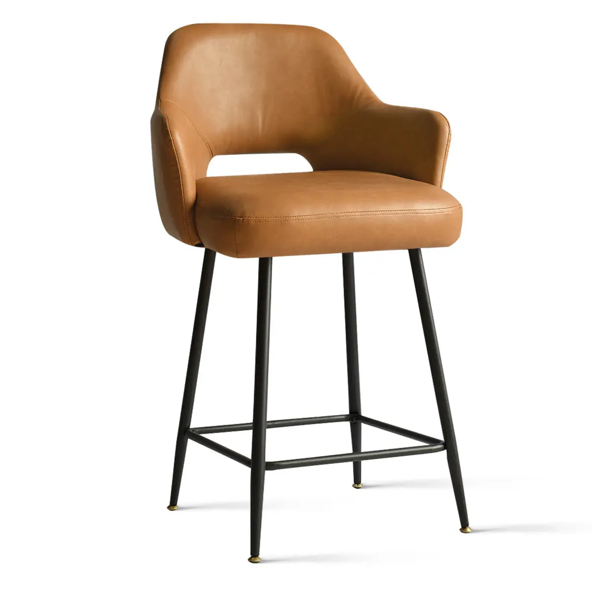 Edward Leather Counter Stool with Arms, brown leather, modern metal legs, kitchen or bar seating.