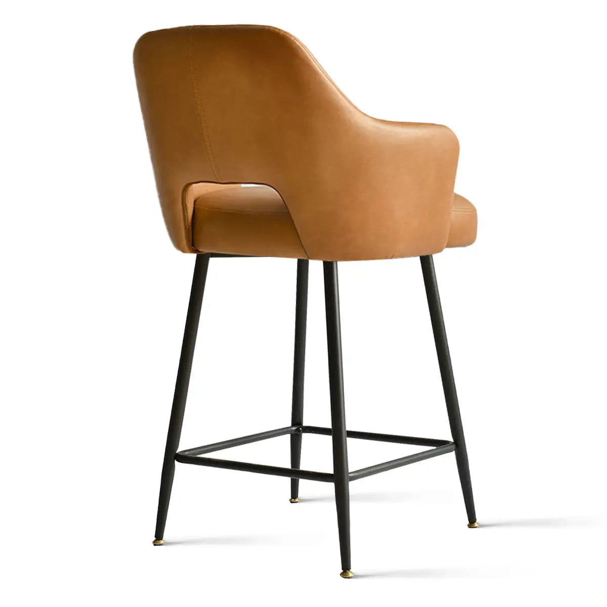 Edward Leather Counter Stool with Arms, black metal legs, modern kitchen seating, camel upholstery.