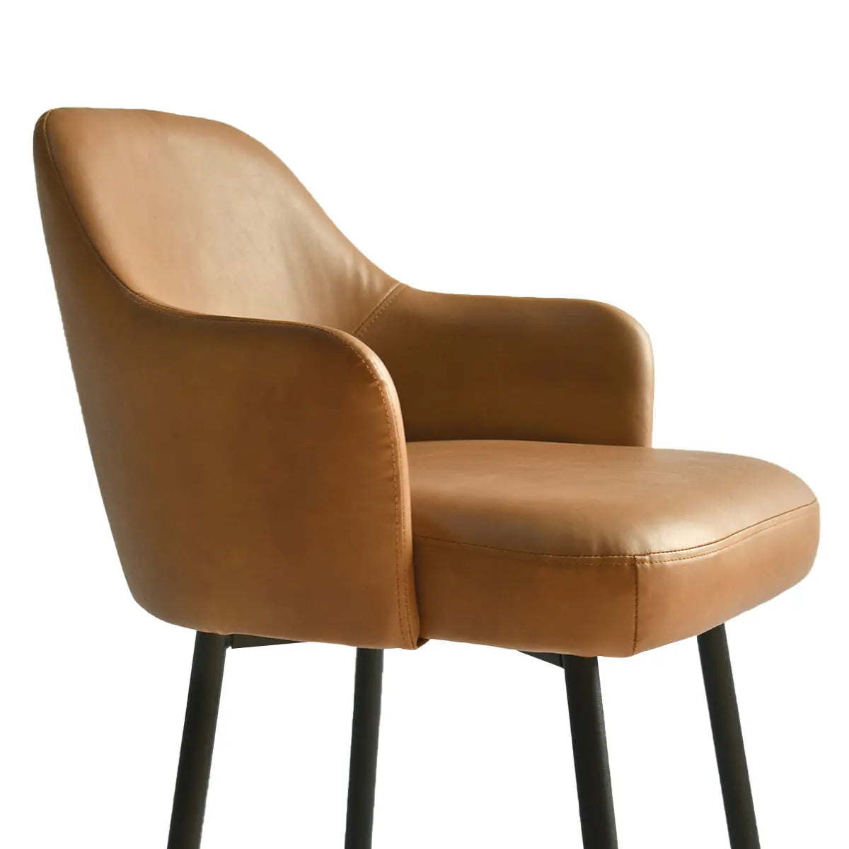 The image features a tan Edward leather counter stool with arms and black metal legs.